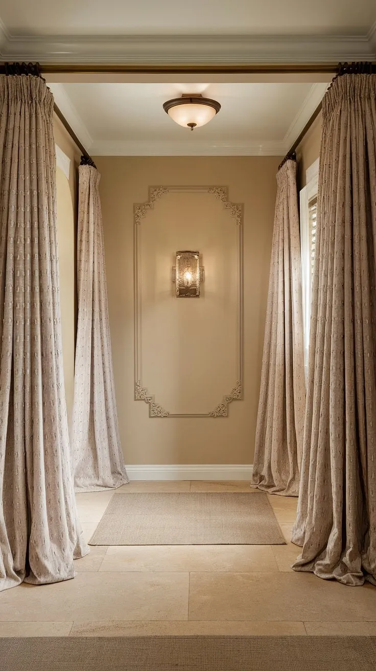This traditional entryway is the epitome of understated elegance. Hallway ideas abound in this house design entryway, featuring a stunning hallway wall design, beige home decor ideas, and sophisticated hallway flooring ideas. A clean entryway decor, perfect for a neutral entrance hall.