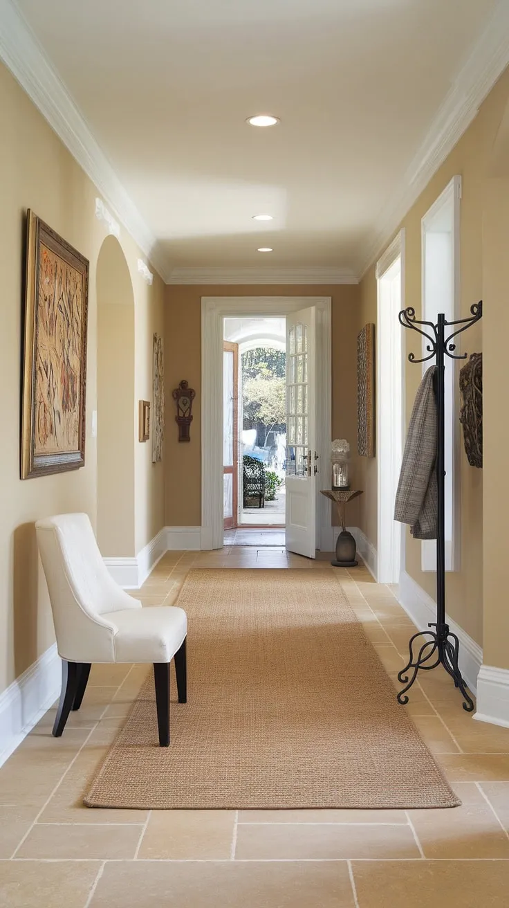 A picture of refined simplicity: this neutral entrance hall showcases elegant hallway design with a traditional entryway. The clean entryway decor and decorative hallway decor make it the perfect house design entryway. Consider this inspiration for your next hallway flooring ideas.