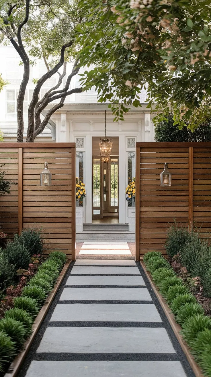 This traditional foyer's charm is enhanced by the elegant wooden fence design, creating a beautiful fence landscaping border and a practical wooden privacy screen. The exquisite fence design wood showcases inspiring wood fence ideas.