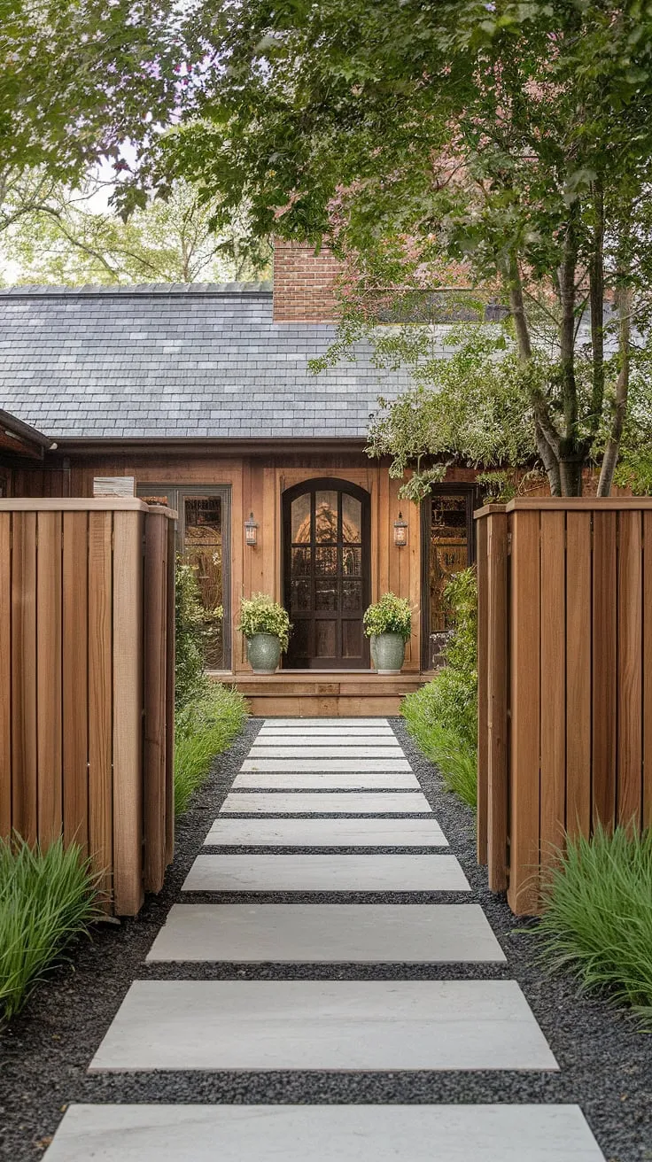 The elegant fence design wood of this fence landscaping border provides a charming backdrop to the traditional foyer. This wooden privacy screen offers both privacy and visual interest, demonstrating a sophisticated approach to wood fence ideas for enhancing outdoor spaces.