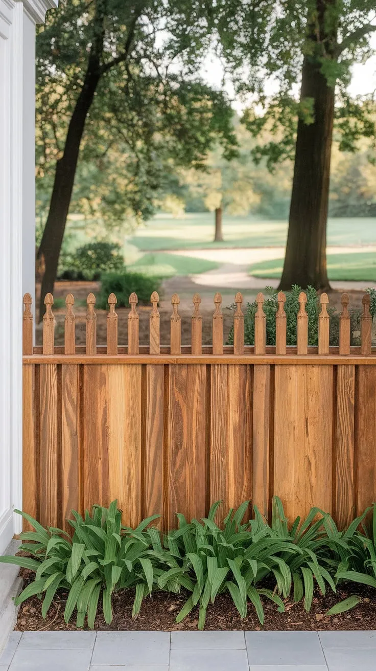 This traditional foyer is beautifully framed by a custom wooden fence design. The fence landscaping border, a clever use of wood fence ideas, acts as a charming wooden privacy screen, its alternating tall and short pickets painted white and softened by lush greenery. The serene landscape beyond offers a glimpse of nature's tranquility.
