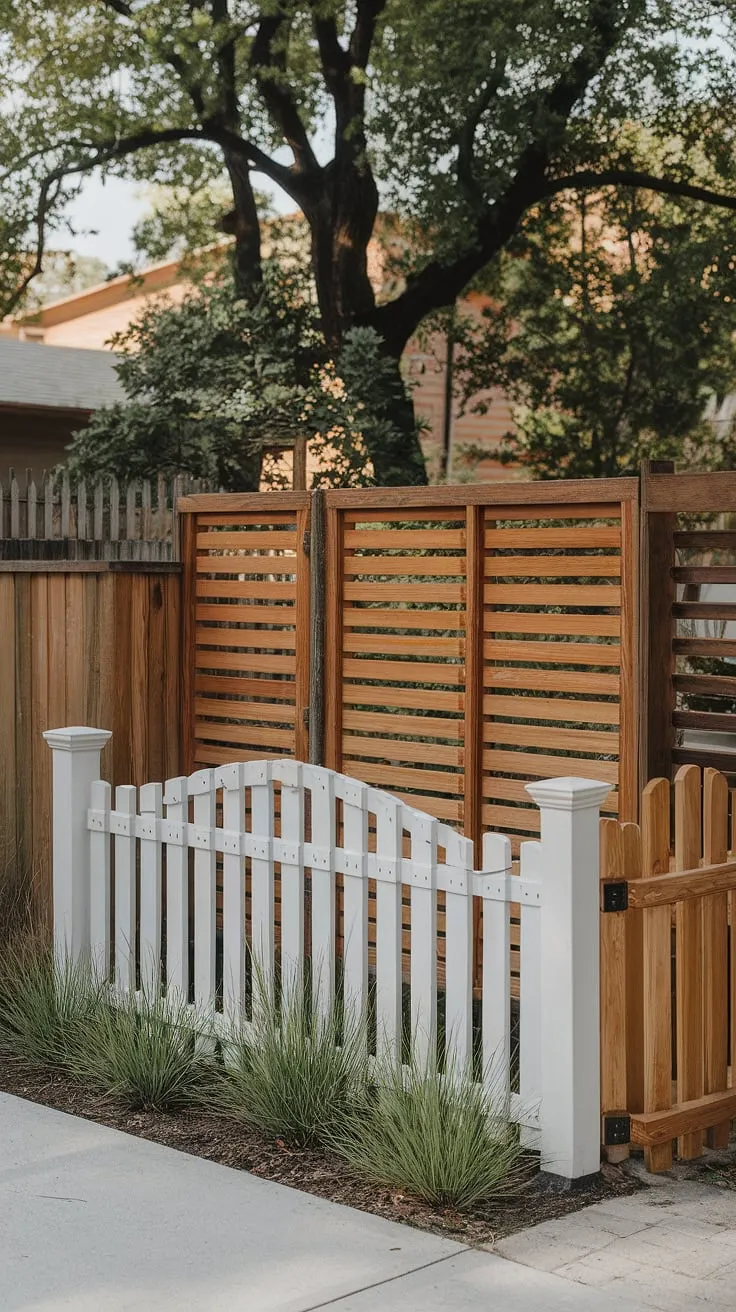 This charming blend of traditional foyer landscaping and modern fence design wood showcases a unique wooden fence design. The white picket fence acts as a welcoming fence landscaping border, while the adjacent wooden privacy screen offers seclusion. This creative use of wood fence ideas demonstrates a thoughtful approach to both aesthetics and functionality.