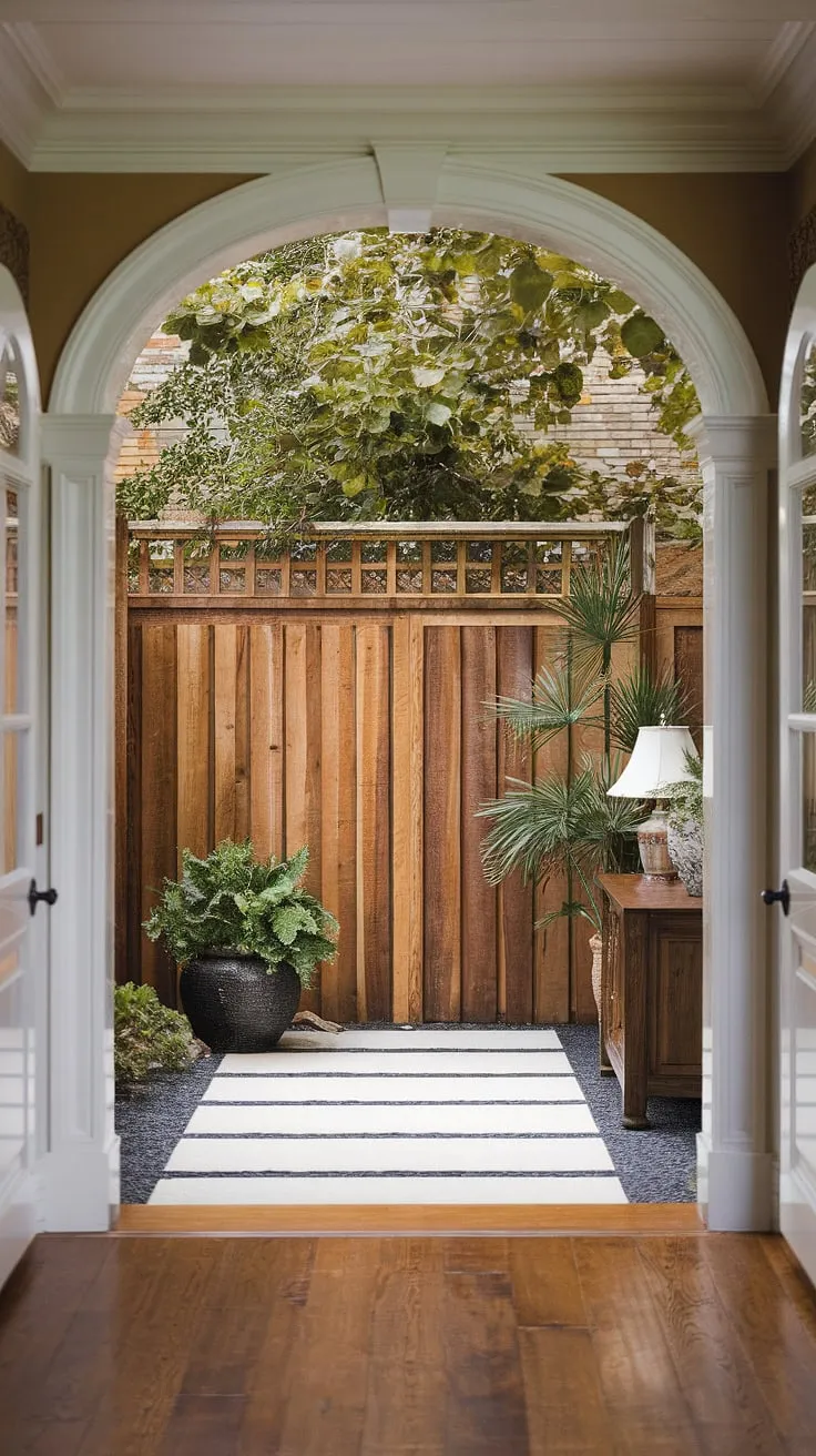 The traditional foyer's charm is enhanced by the elegant wooden fence design acting as a fence landscaping border. This wooden privacy screen, a clever use of fence design wood, offers seclusion while showcasing beautiful wood fence ideas. A potted plant and lamp add warmth to the space, complementing the rich wooden floor.