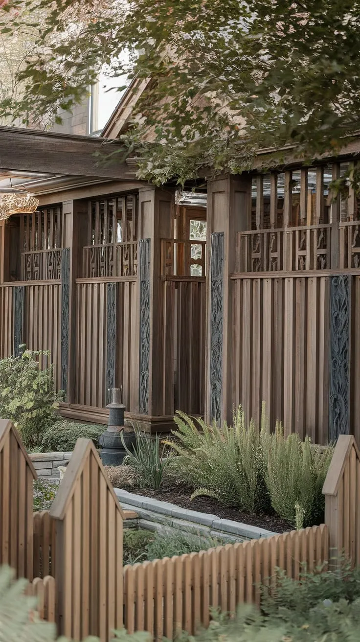 Step into rustic charm with this traditional foyer, framed by a stunning wooden fence design. The fence landscaping border and wooden privacy screen offer both beauty and seclusion, showcasing inspiring wood fence ideas.