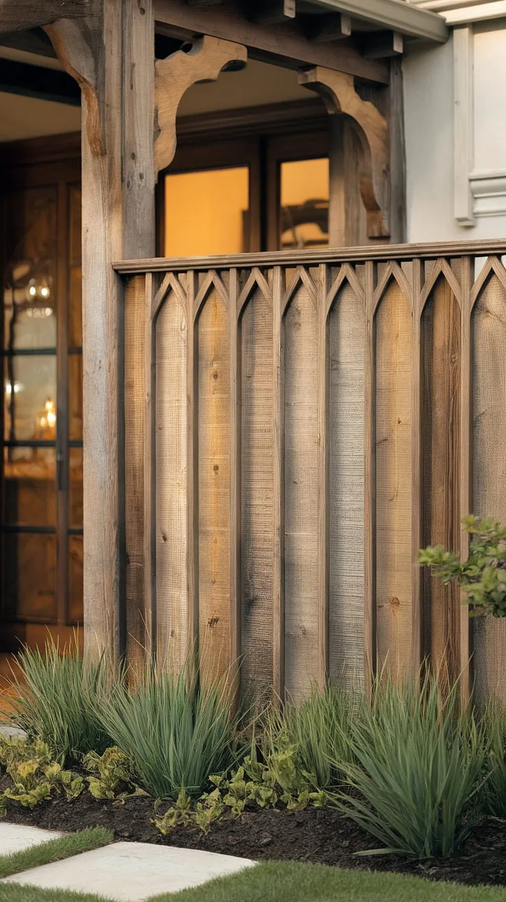 This traditional foyer's welcoming atmosphere is perfectly complemented by the elegant wooden privacy screen. The fence landscaping border, a beautiful example of fence design wood, offers both privacy and a touch of rustic charm, showcasing inspiring wood fence ideas.