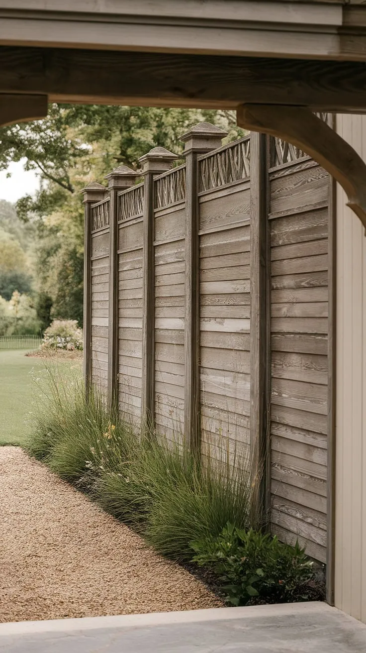 This traditional foyer is beautifully framed by a rustic wooden fence design, acting as both a fence landscaping border and a wooden privacy screen. The weathered fence design wood adds character, while the gravel ground and lush green backdrop create a serene atmosphere. This is a stunning example of wood fence ideas for enhancing curb appeal.
