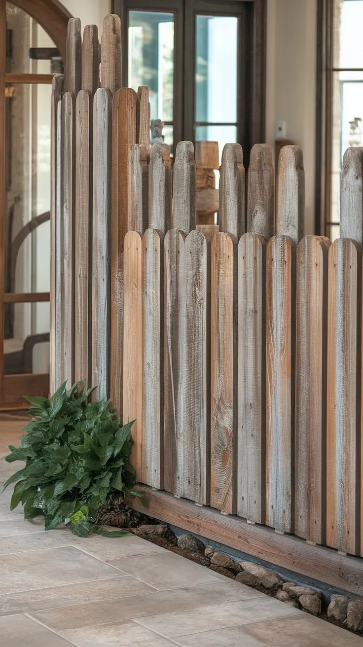 A blend of rustic charm and modern practicality: this traditional foyer features a stunning wooden fence design, used creatively as a fence landscaping border and wooden privacy screen. Explore more wood fence ideas for your own space.