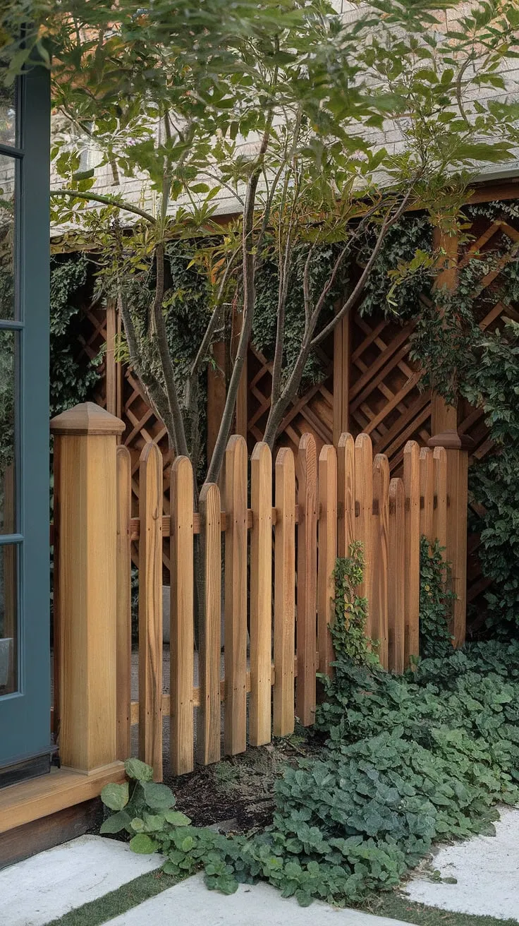A stunning example of fence design wood, this traditional foyer's wooden privacy screen and fence landscaping border seamlessly blend the home's architecture with the lush surroundings. Explore more wood fence ideas inspired by this design.