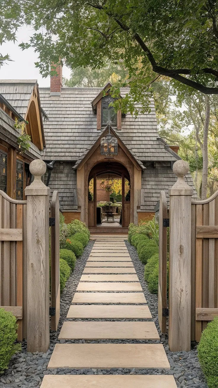 The elegant traditional foyer is enhanced by a thoughtfully designed wooden fence. This fence design wood creates a stunning fence landscaping border and provides a practical wooden privacy screen. The weathered wood and decorative posts exemplify creative wood fence ideas for enhancing curb appeal.