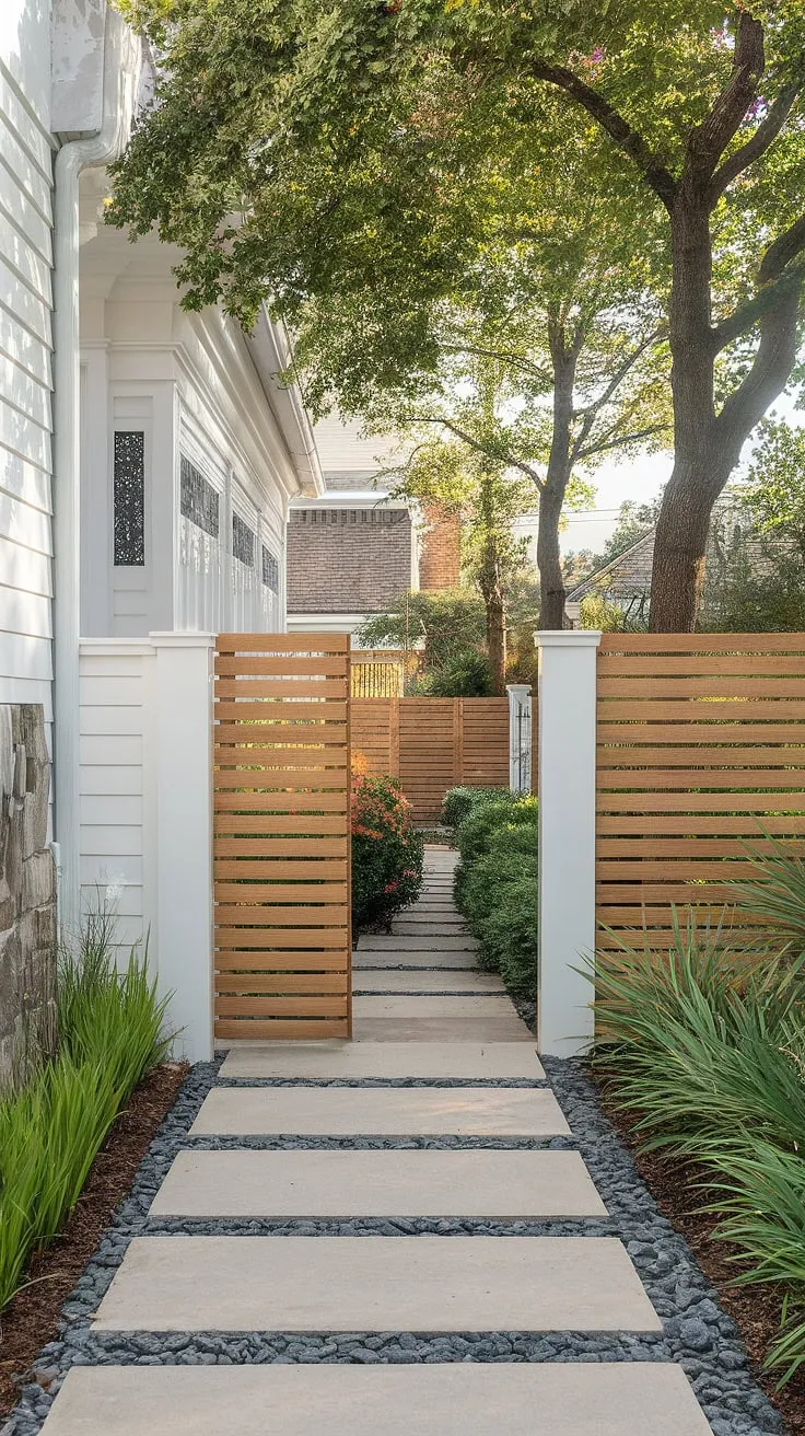 This traditional foyer is beautifully framed by a custom wooden fence design. The white-painted wooden privacy screen acts as a sophisticated fence landscaping border, adding both privacy and visual interest. The carefully chosen fence design wood, pressure-treated for durability, exemplifies thoughtful wood fence ideas.