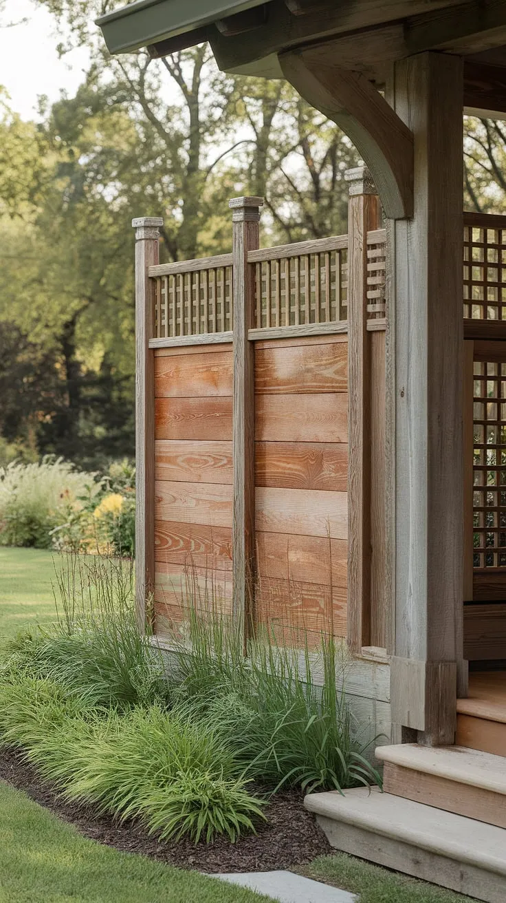 A traditional foyer is beautifully framed by a rustic wooden fence design, acting as a charming fence landscaping border. The intricate wooden privacy screen adds a touch of elegance, showcasing creative fence design wood and offering inspiring wood fence ideas for those seeking to enhance their outdoor space with natural beauty, all set against a backdrop of vibrant greenery.