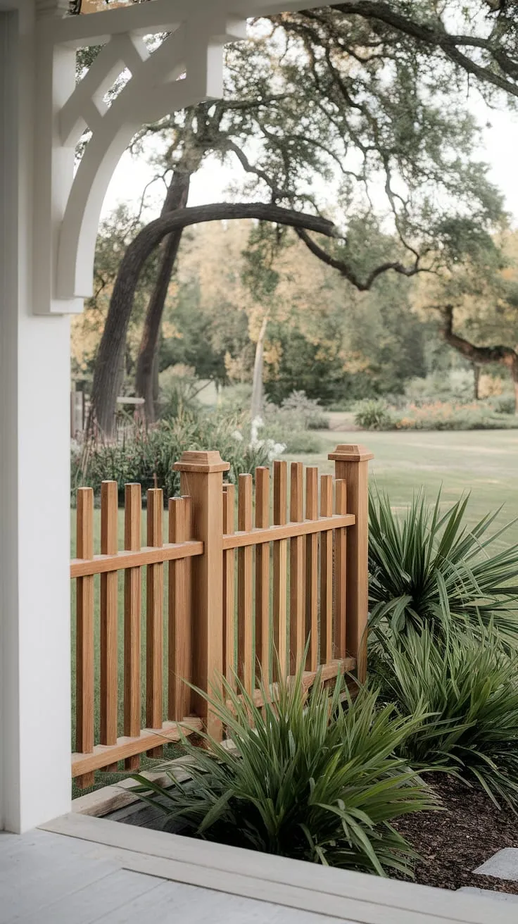 A serene traditional foyer is beautifully framed by a pristine white wooden fence design. The fence landscaping border provides both privacy and a charming aesthetic, acting as a wooden privacy screen that complements the lush green landscape beyond. This fence design wood showcases excellent wood fence ideas for enhancing curb appeal.
