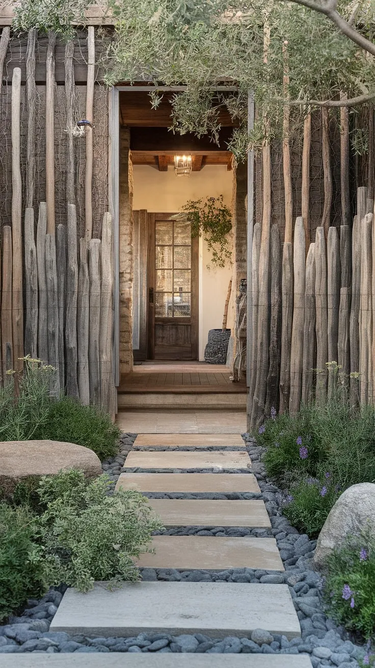 A traditional foyer opens to a world of serenity. The surrounding fence landscaping border, featuring a stunning wooden fence design and acting as a wooden privacy screen, showcases inspired fence design wood and wood fence ideas.