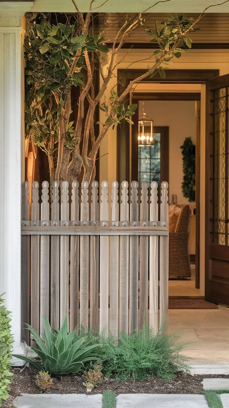 The warm glow of this traditional foyer is perfectly complemented by the elegant wooden fence design. Used as a fence landscaping border and a practical wooden privacy screen, the fence design wood offers both seclusion and visual interest. Simple yet effective wood fence ideas, including the addition of greenery, complete this welcoming entrance.