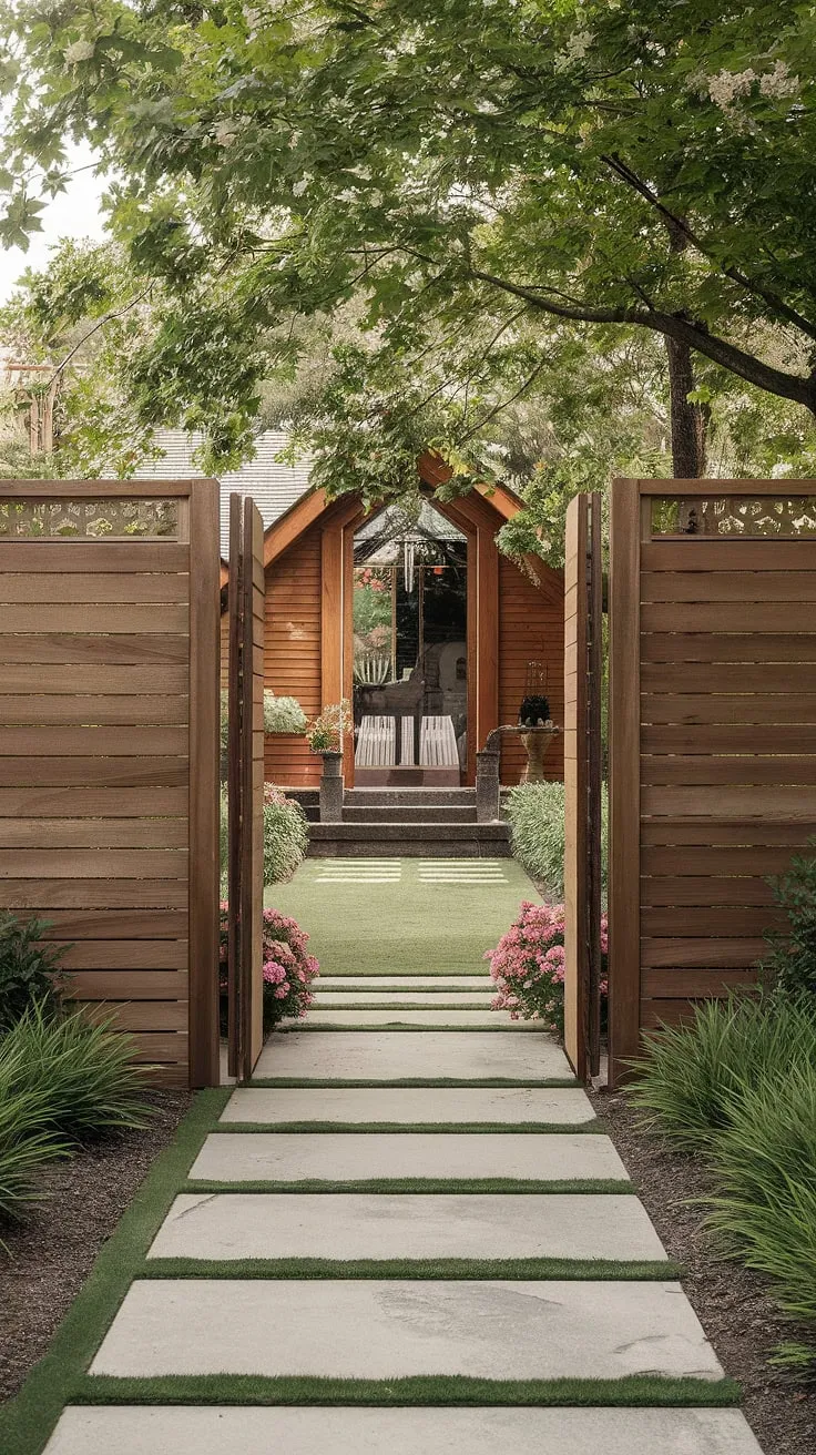 A traditional foyer is beautifully framed by a stunning wooden fence design, acting as a sophisticated fence landscaping border. The intricate wooden privacy screen offers both privacy and visual interest, showcasing a unique fence design wood and providing excellent wood fence ideas for enhancing outdoor spaces, all set against a backdrop of vibrant green landscaping.