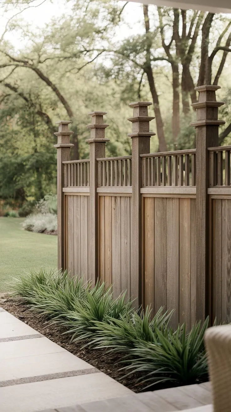 The warm wood tones of this wooden fence design create a welcoming atmosphere for this traditional foyer. Positioned strategically at the fence landscaping border, it serves as an effective wooden privacy screen, while still allowing a peek at the vibrant landscaping. Consider this inspiring example for your own wood fence ideas.