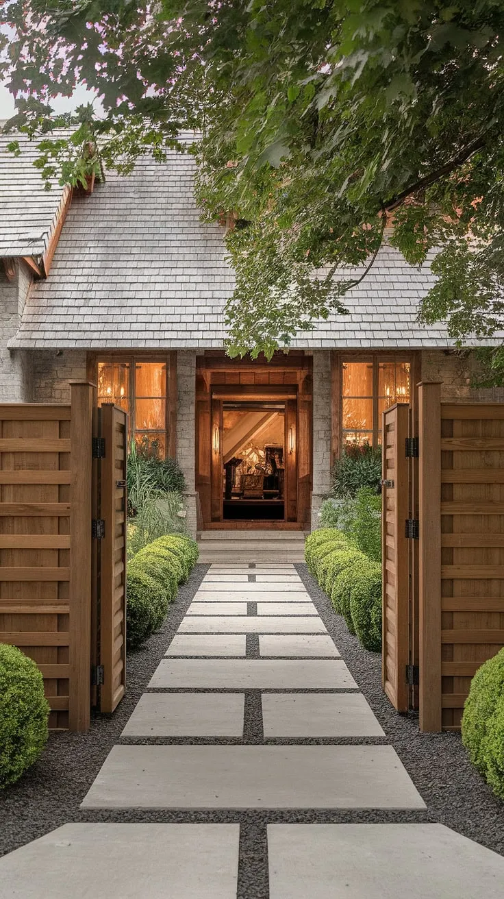 A traditional foyer redefined: The exquisite fence design wood and thoughtful fence landscaping border offer both privacy and visual appeal, showcasing stunning wood fence ideas within this classic setting. The wooden privacy screen adds a touch of understated elegance.