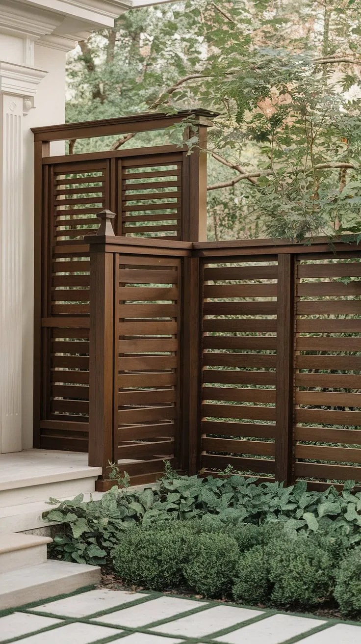 A serene and welcoming traditional foyer is beautifully framed by a dark-stained wooden fence design. This fence landscaping border acts as a stylish wooden privacy screen, creating a secluded oasis amidst the lush greenery. The intricate fence design wood showcases thoughtful wood fence ideas, enhancing the home's curb appeal.