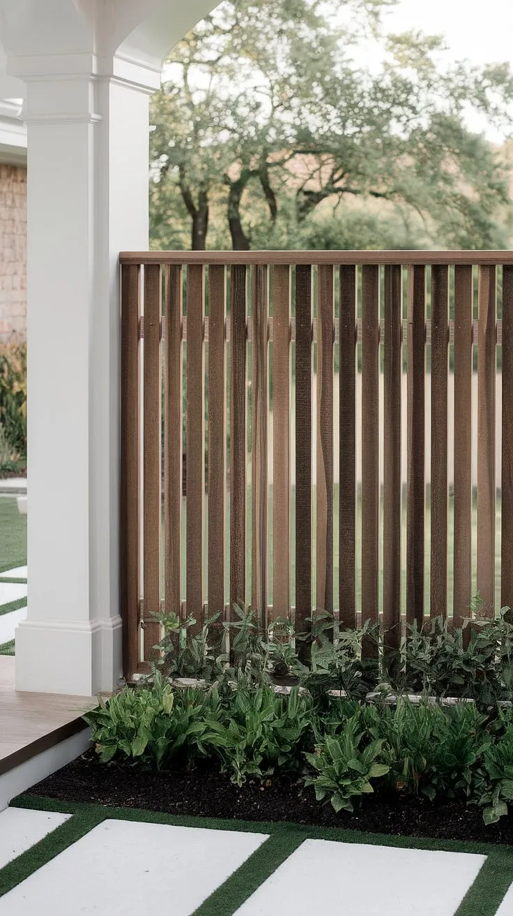 This stunning traditional foyer showcases a clever use of a white wooden fence design. The fence serves as an elegant fence landscaping border, while also providing a functional wooden privacy screen. The thoughtful fence design wood and overall aesthetic offer inspiring wood fence ideas for anyone looking to enhance their home's curb appeal.