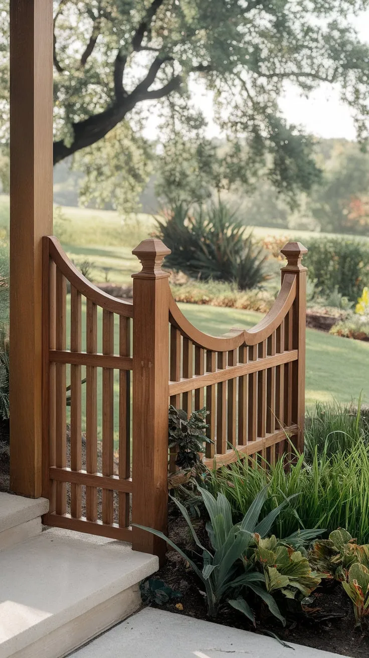 A traditional foyer framed by a stunning wooden fence design; the fence landscaping border and wooden privacy screen create a secluded haven, showcasing exquisite fence design wood and offering inspiring wood fence ideas.