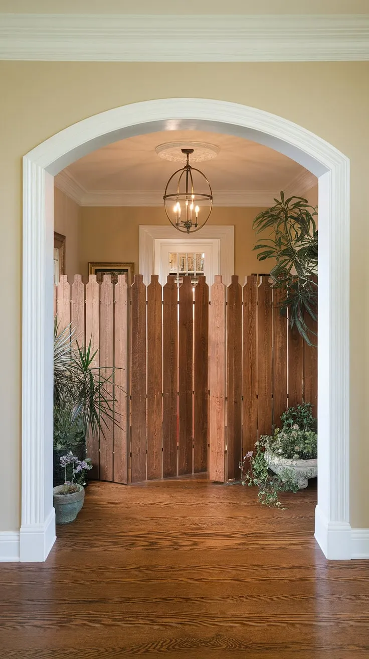 This image showcases exceptional wood fence ideas, featuring a wooden fence design used as a creative fence landscaping border in a traditional foyer. The wooden privacy screen adds a touch of elegance and privacy, while the warm hardwood floors and soft beige walls create a welcoming atmosphere. The overall design is a testament to the beauty and versatility of a well-integrated fence design wood.