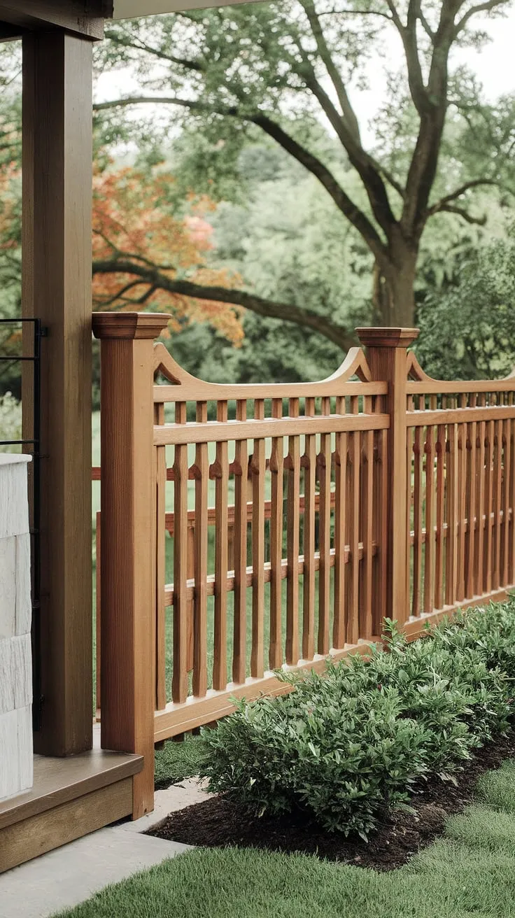 This traditional foyer is beautifully framed by a custom wooden fence design, acting as both a fence landscaping border and a stylish wooden privacy screen. The intricate fence design wood offers numerous wood fence ideas for enhancing curb appeal and creating a secluded entryway, overlooking a vibrant green landscape.