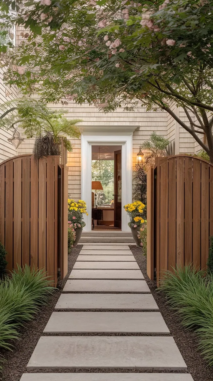 Step into warmth and privacy with this traditional foyer, enhanced by a stunning wooden fence design. The fence landscaping border, a beautiful wooden privacy screen, offers both seclusion and style—a perfect example of fence design wood and wood fence ideas.