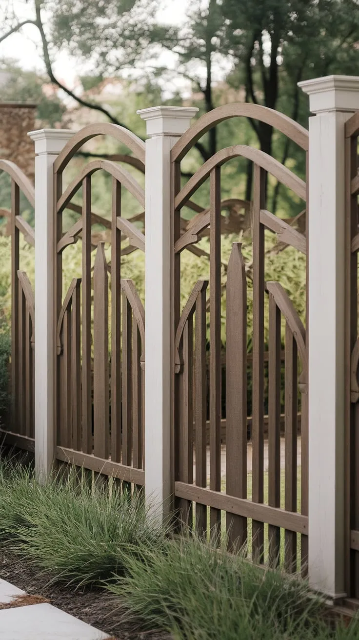 This traditional foyer is beautifully framed by a custom wooden fence design, acting as a sophisticated fence landscaping border and providing a charming wooden privacy screen. The arched details in the fence design wood showcase unique wood fence ideas, creating a serene transition to the lush greenery beyond.