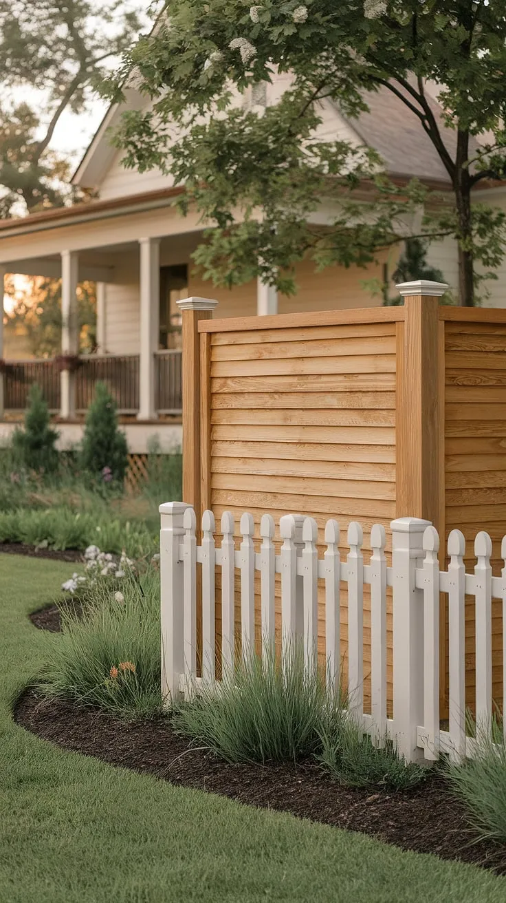 This traditional foyer is beautifully framed by a charming wooden fence design. The white picket fence acts as a welcoming fence landscaping border, while a rustic wooden privacy screen adds depth and texture to the fence design wood. The carefully manicured lawn and vibrant flowers complete the picture, showcasing excellent wood fence ideas.