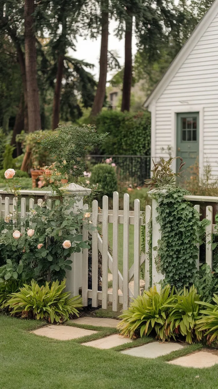 A classic white picket fence, a quintessential example of wooden fence design, creates a charming fence landscaping border around this well-maintained yard. The traditional foyer of the white house peeks through the lush greenery, showcasing the fence's role as both a beautiful wooden privacy screen and a delightful wood fence ideas implementation. Roses and ivy climb the fence, adding to the idyllic scene.