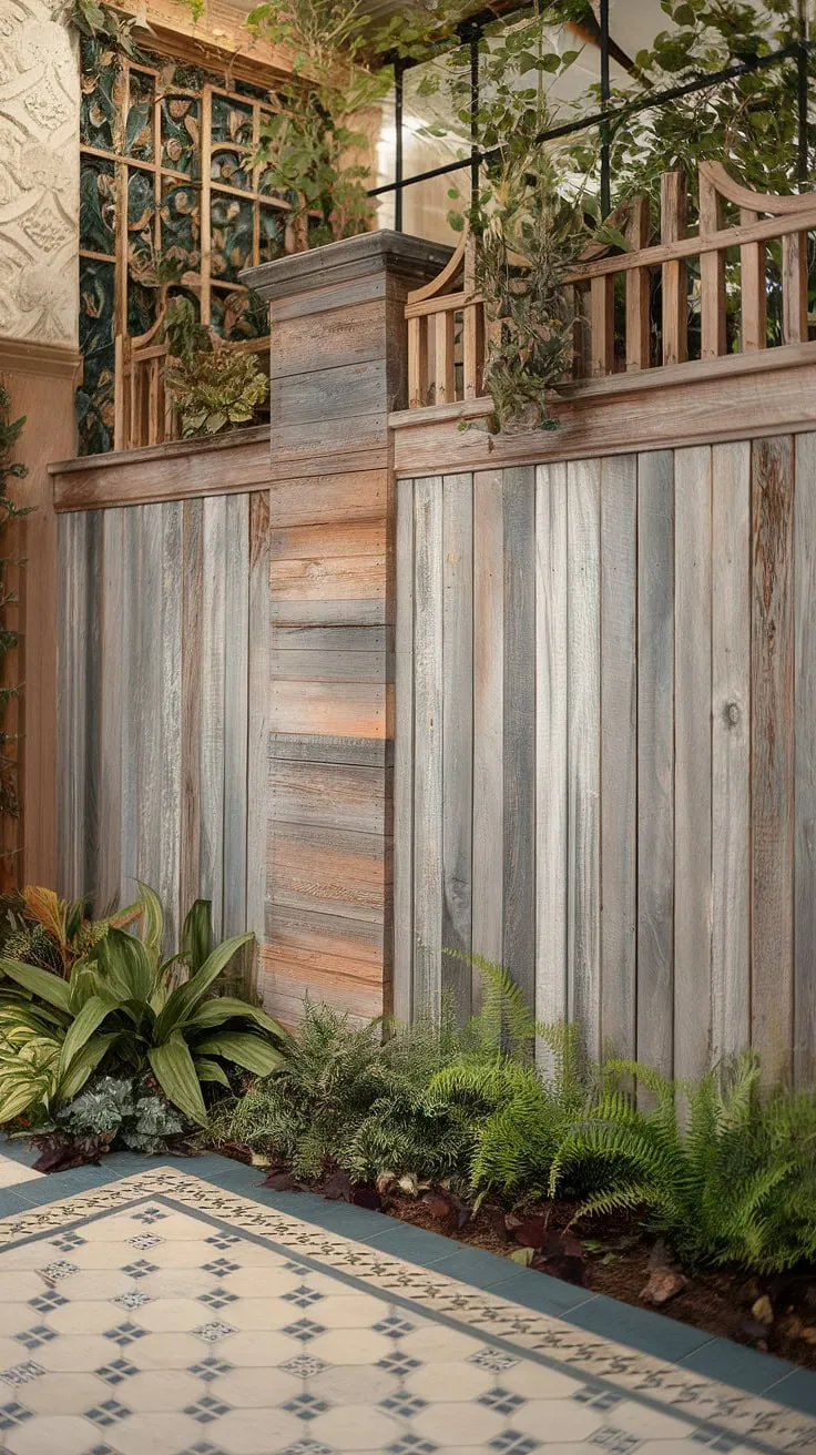 A traditional foyer redefined: The weathered fence design wood creates a stunning fence landscaping border and wooden privacy screen, offering both privacy and visual appeal. Explore these wood fence ideas for your own home.