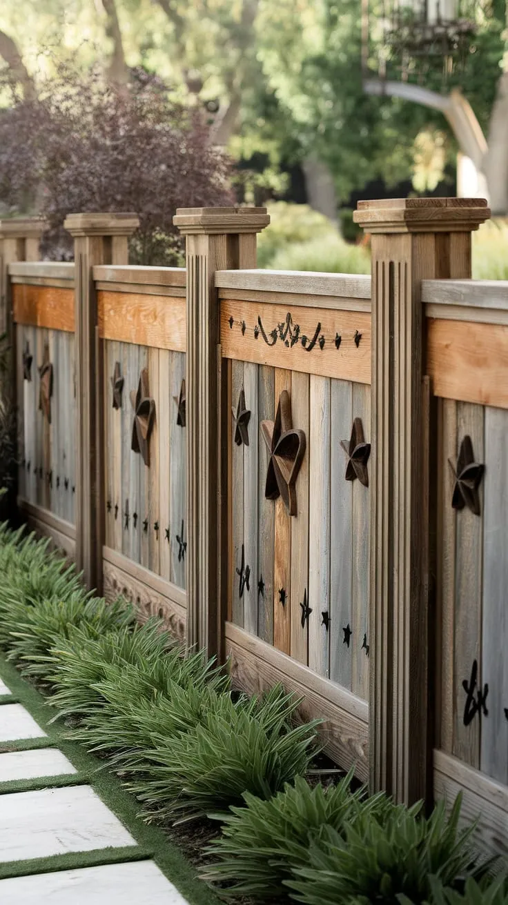 A traditional foyer is beautifully framed by a rustic wooden fence design, acting as both a fence landscaping border and a charming wooden privacy screen. The weathered wood and subtle decorative elements within the fence design wood create a welcoming atmosphere, showcasing clever wood fence ideas against the backdrop of a vibrant green landscape.