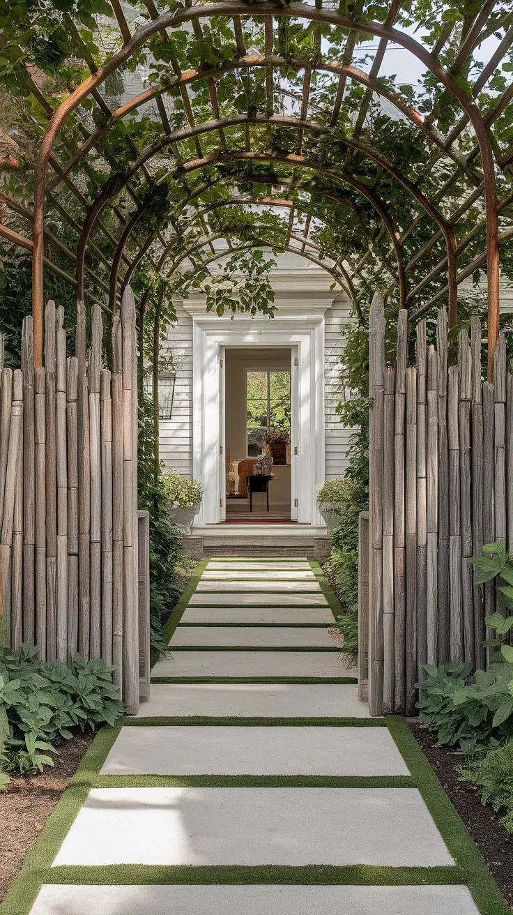 A traditional foyer enhanced by a rustic wooden fence design, creating a stunning fence landscaping border and offering a charming wooden privacy screen. This wood fence ideas showcases the beauty of natural materials.