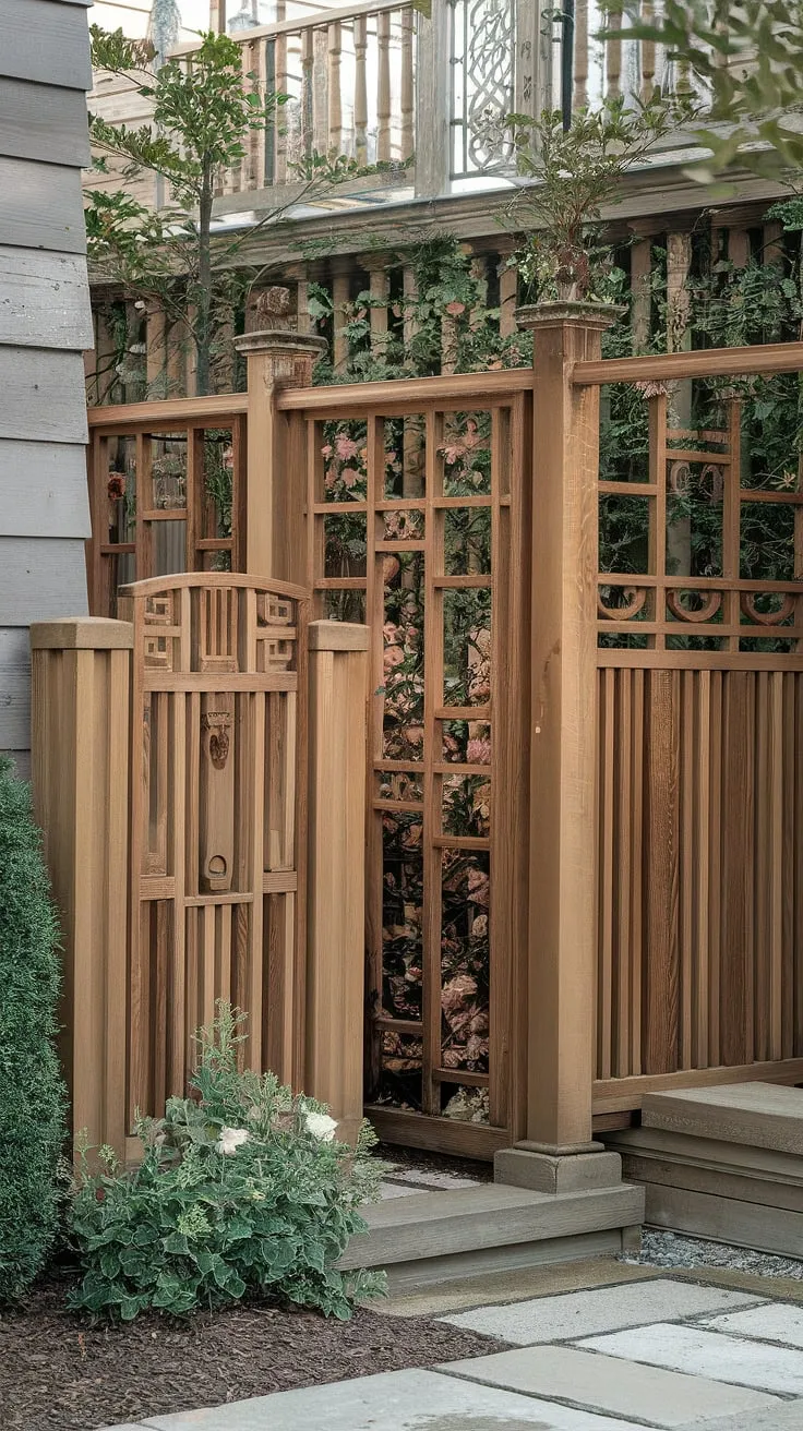 Step into tranquility. This traditional foyer's charm is perfectly complemented by the classic wooden fence design, creating a serene fence landscaping border and a beautiful wooden privacy screen. The fence design wood speaks to timeless elegance.