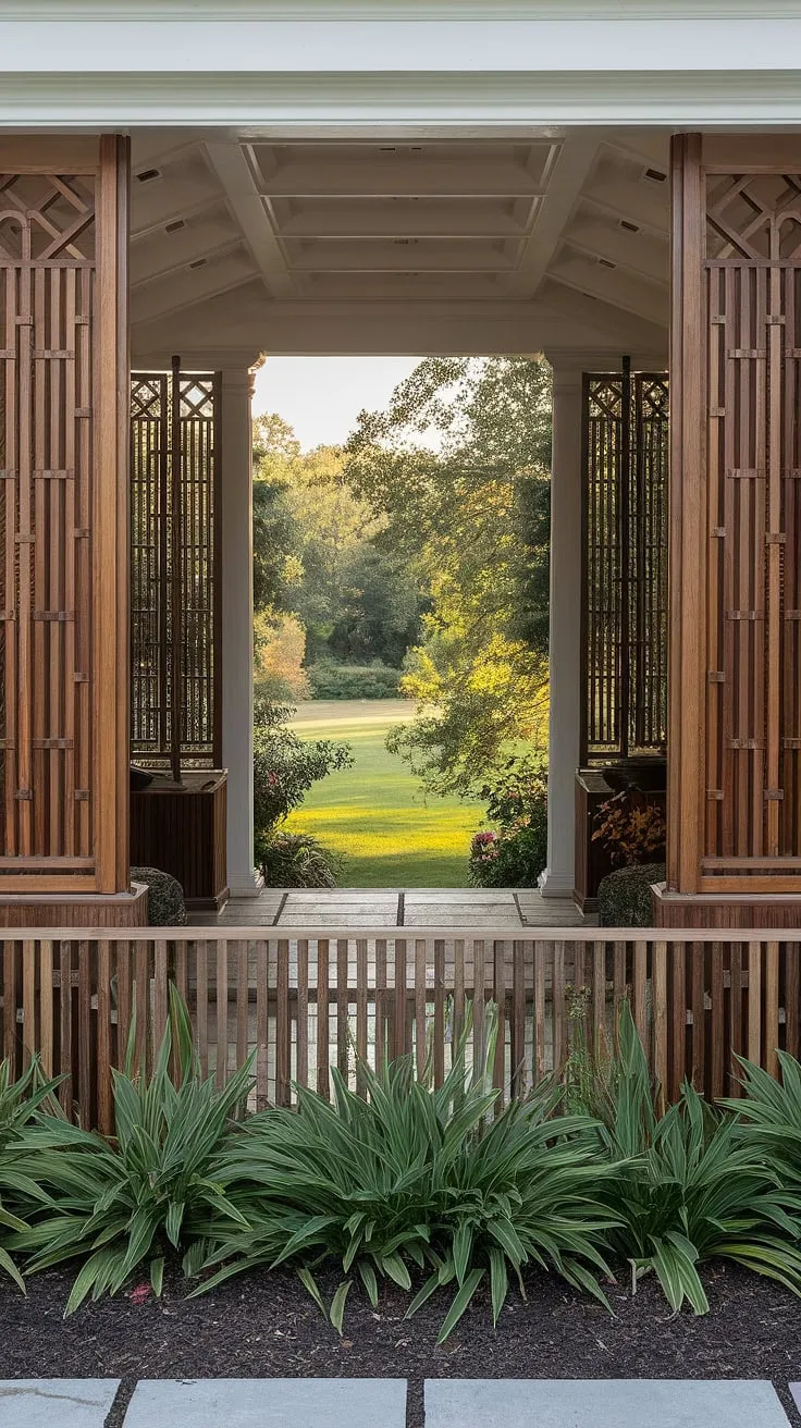 A traditional foyer is beautifully framed by a wooden privacy screen, acting as a stylish fence landscaping border. The intricate wooden fence design and wood fence ideas showcased in the foreground complement the lush green landscape visible beyond.