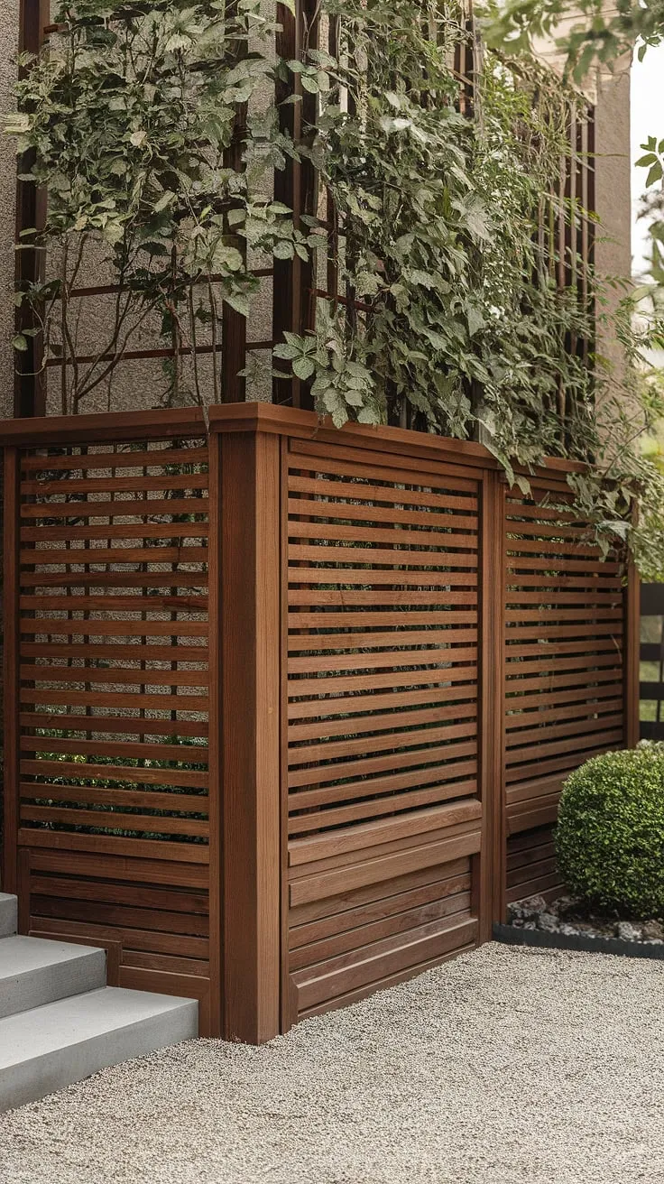 A traditional foyer is beautifully framed by a sophisticated wooden fence design. The dark brown stained wood creates a stunning fence landscaping border and effective wooden privacy screen, enhancing the curb appeal with its elegant fence design wood. This is a perfect example of wood fence ideas for adding both privacy and style.