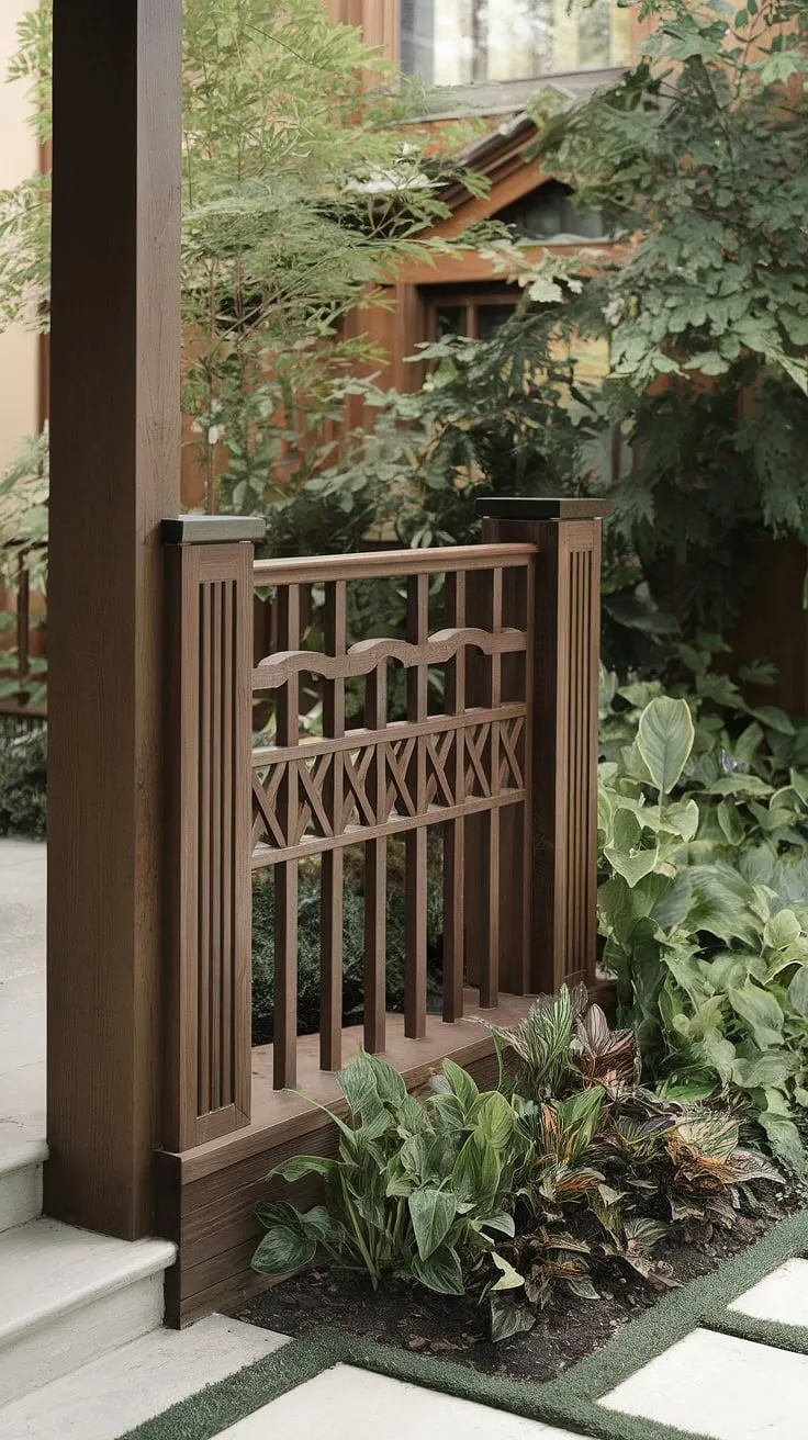 A welcoming traditional foyer, framed by a sophisticated wooden fence design. This fence landscaping border and wooden privacy screen, crafted from rich fence design wood, showcases inspiring wood fence ideas.