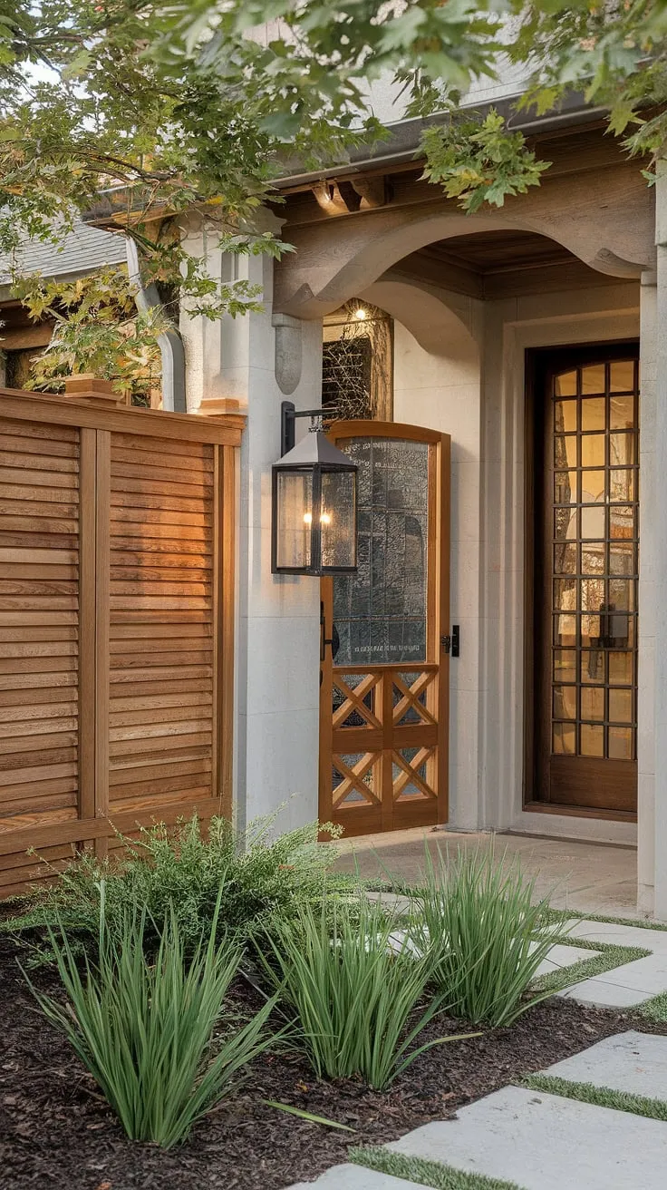 A traditional foyer redefined. The exquisite fence design wood, featuring a fence landscaping border and a wooden privacy screen, creates a secluded haven. These wood fence ideas perfectly complement the home's welcoming atmosphere.