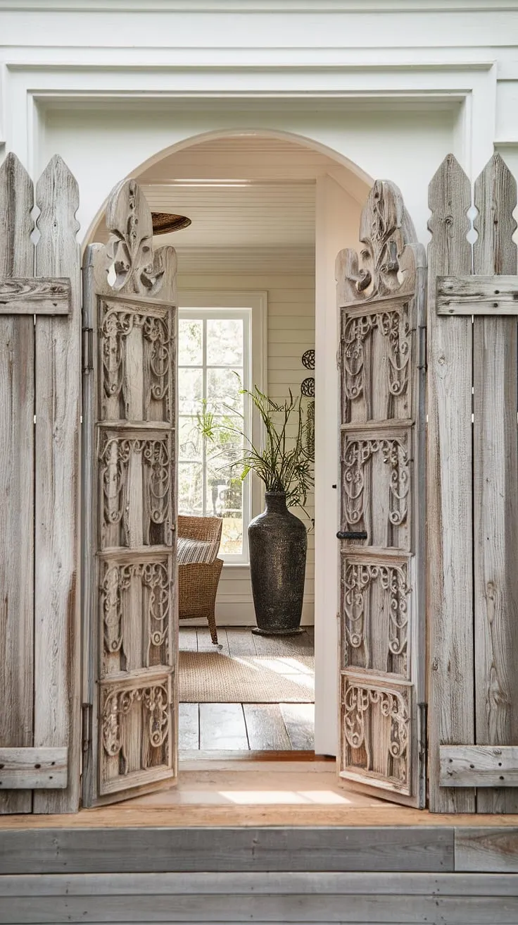 This traditional foyer's beauty is enhanced by a thoughtfully designed wooden fence design. The fence landscaping border, crafted from weathered fence design wood, creates a stunning wooden privacy screen, offering both privacy and a touch of rustic charm. Explore these wood fence ideas for your own home.