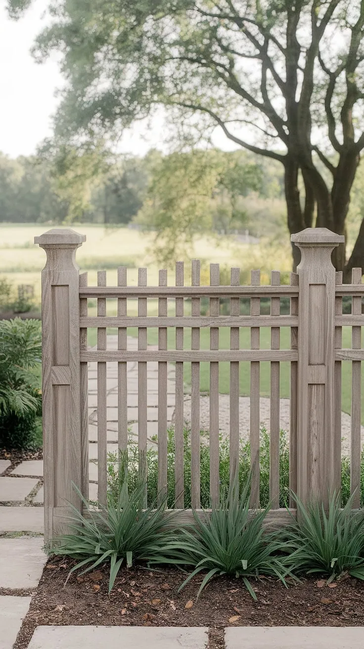 A beautiful example of fence landscaping border design, this traditional foyer utilizes a white-painted wooden fence design as a stylish wooden privacy screen. The carefully chosen fence design wood and overall aesthetic provide inspiration for wood fence ideas, creating a tranquil transition between the home and the lush greenery.