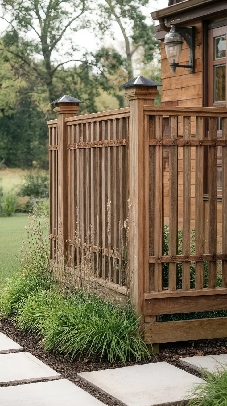 This traditional foyer's charm is amplified by the rustic wooden fence design. The fence landscaping border, created with a beautiful wooden privacy screen, offers both privacy and visual interest, providing excellent fence design wood and wood fence ideas.