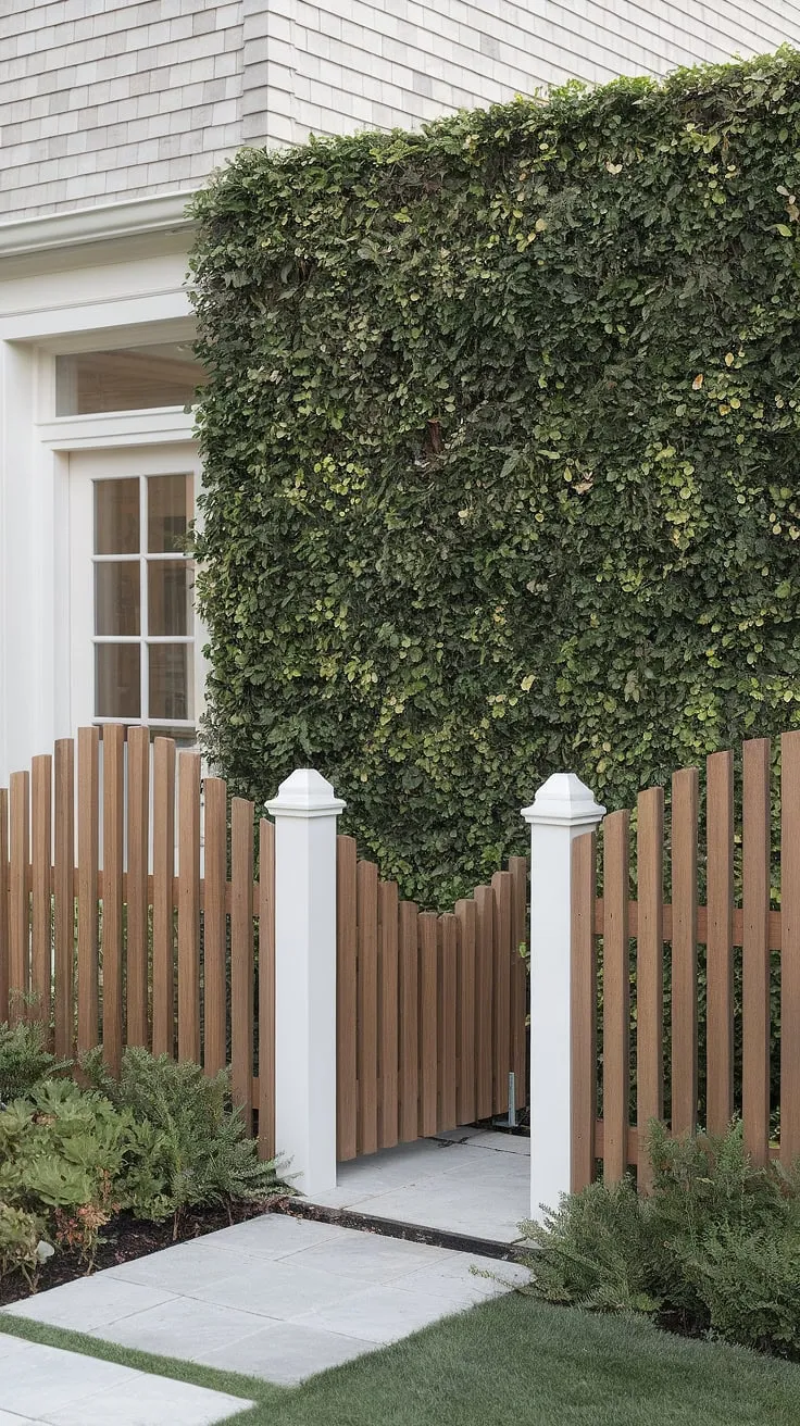 This traditional foyer's welcoming ambiance is enhanced by the elegant fence design wood. The white picket fence serves as both a fence landscaping border and a stylish wooden privacy screen, showcasing creative wood fence ideas and adding a touch of timeless charm to the home's exterior.