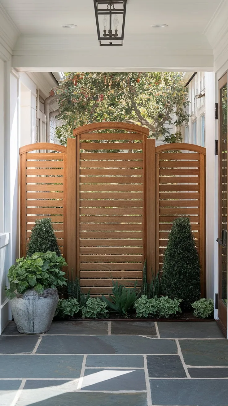 Step into tranquility. This traditional foyer's wooden fence design, acting as both a fence landscaping border and a wooden privacy screen, creates an inviting and secluded entrance. The classic fence design wood adds to the home's charm, offering endless wood fence ideas.