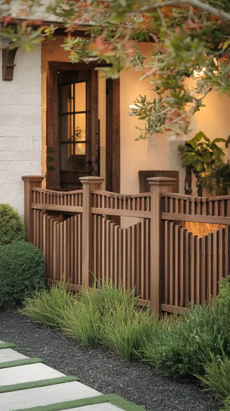 This traditional foyer's wooden fence design is more than just a fence landscaping border; it's a statement. The fence design wood creates a beautiful wooden privacy screen, showcasing unique wood fence ideas for your own home.