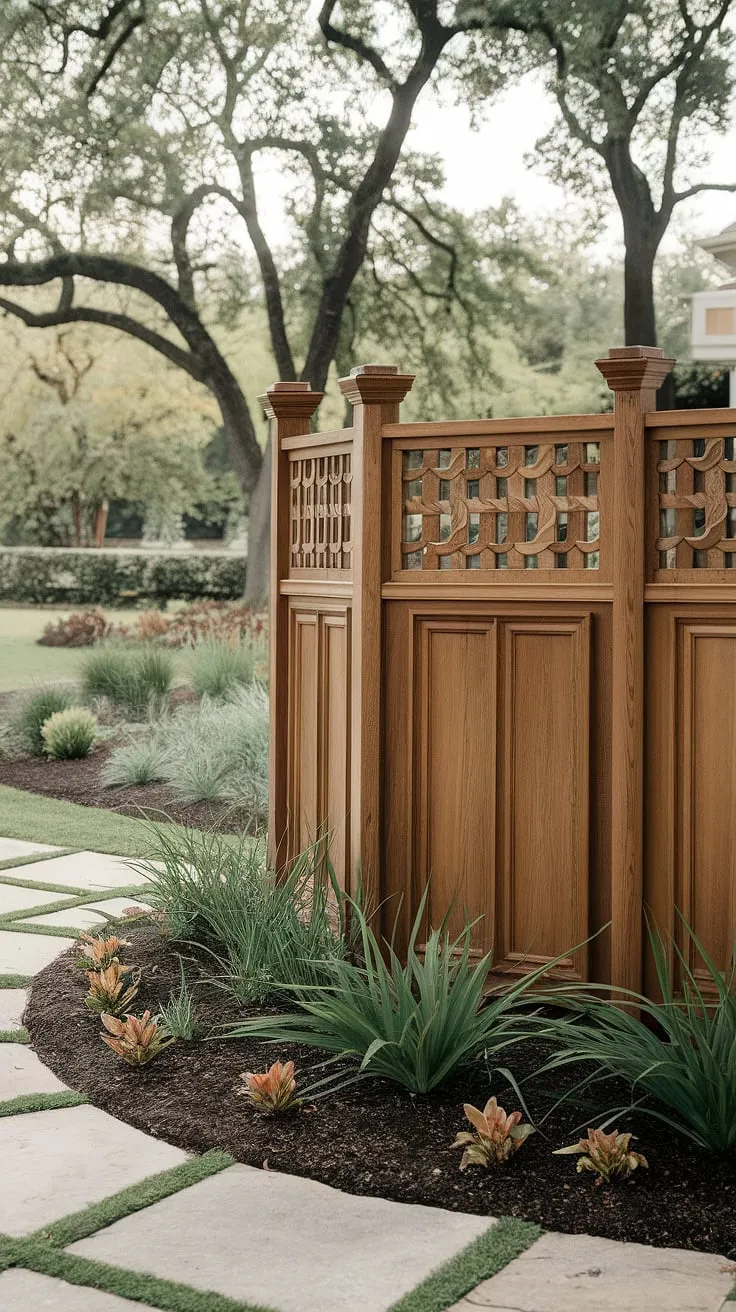 This traditional foyer's charm is amplified by the elegant fence design wood, a functional fence landscaping border and wooden privacy screen that seamlessly blends with the lush landscape, offering inspiring wood fence ideas.