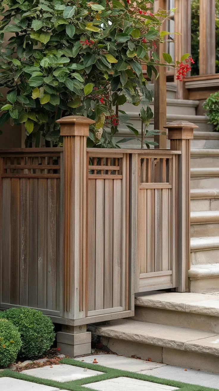 This traditional foyer is beautifully framed by a tall, sturdy wooden fence design, acting as both a fence landscaping border and a wooden privacy screen. The weathered fence design wood adds rustic charm, complementing the stone pathway leading to the stairs and the vibrant greenery beyond. This is a stunning example of wood fence ideas for enhancing curb appeal.