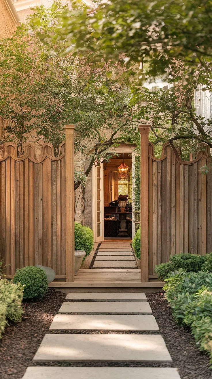 This traditional foyer's charm is amplified by the stunning wooden fence design. The fence landscaping border provides a beautiful and functional wooden privacy screen, showcasing unique fence design wood and inspiring wood fence ideas.