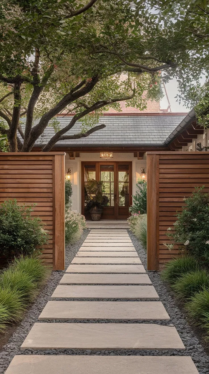 This traditional foyer's charm is amplified by the elegant wooden fence design, acting as both a fence landscaping border and a stylish wooden privacy screen. The fence design wood adds rustic warmth.