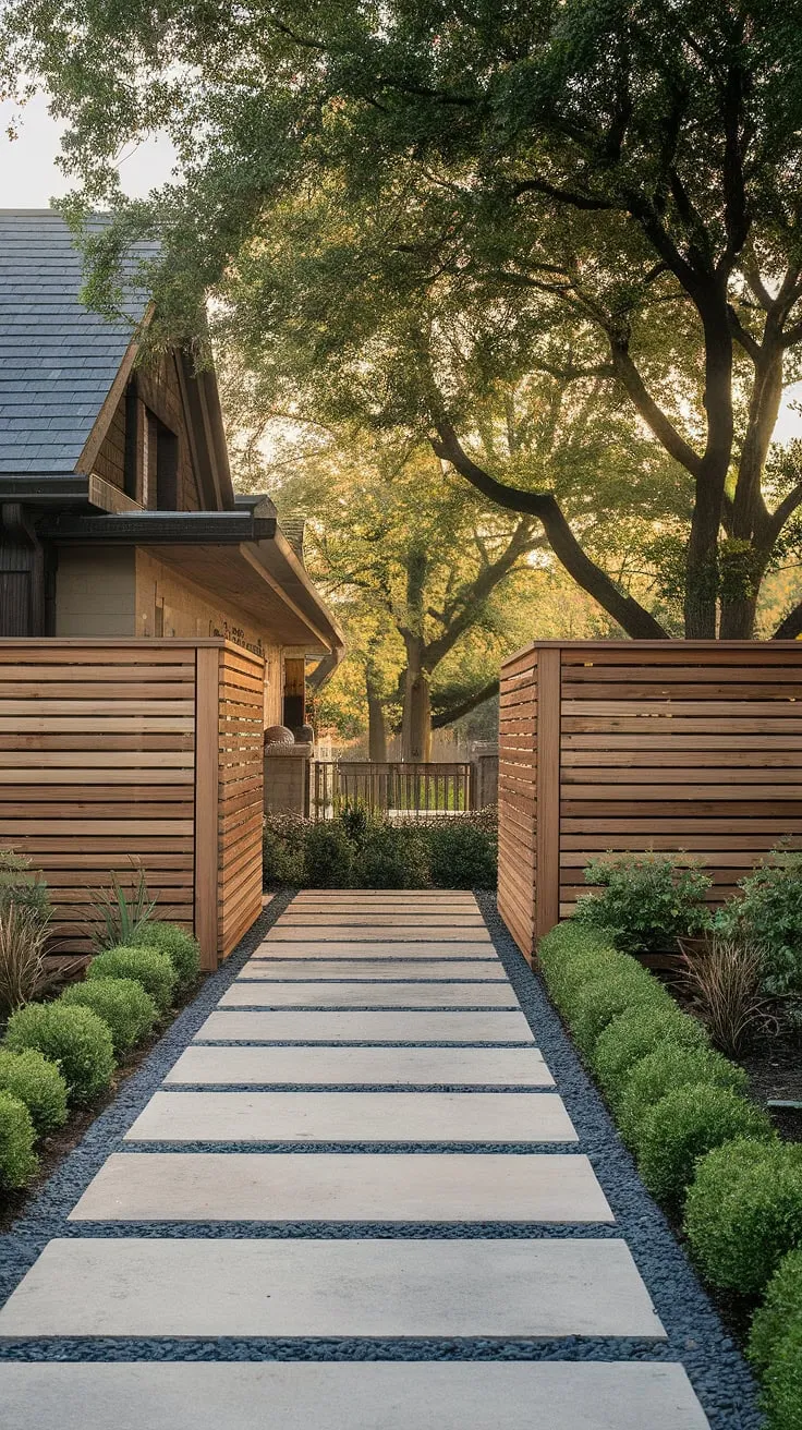 This traditional foyer is beautifully framed by a custom wooden fence design, acting as both a fence landscaping border and a stylish wooden privacy screen. The intricate fence design wood offers a blend of privacy and aesthetic appeal, showcasing clever wood fence ideas for enhancing curb appeal.