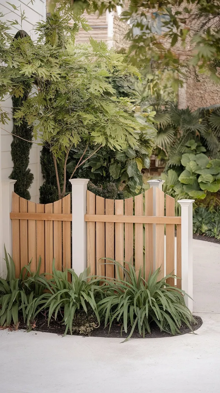 A serene and welcoming traditional foyer is beautifully framed by a pristine white wooden fence design. The fence landscaping border, acting as a wooden privacy screen, offers a touch of classic elegance. This simple yet effective fence design wood showcases excellent wood fence ideas for enhancing curb appeal.